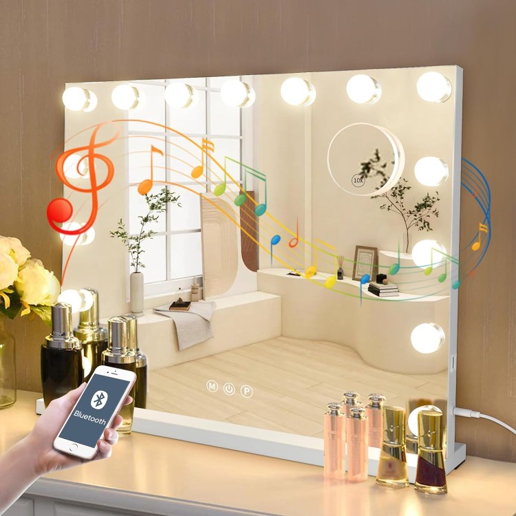 Hollywood Vanity Mirror with Lights and Bluetooth Speaker 3 Color Dimmable Lighted Makeup Mirror with 15
